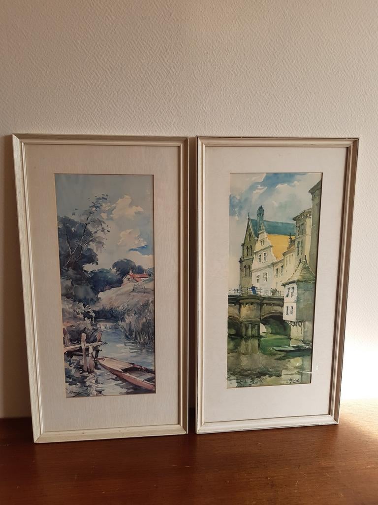 2x aquarel door Marc (Mare?), Antiek en Kunst, Kunst | Schilderijen | Klassiek, Ophalen