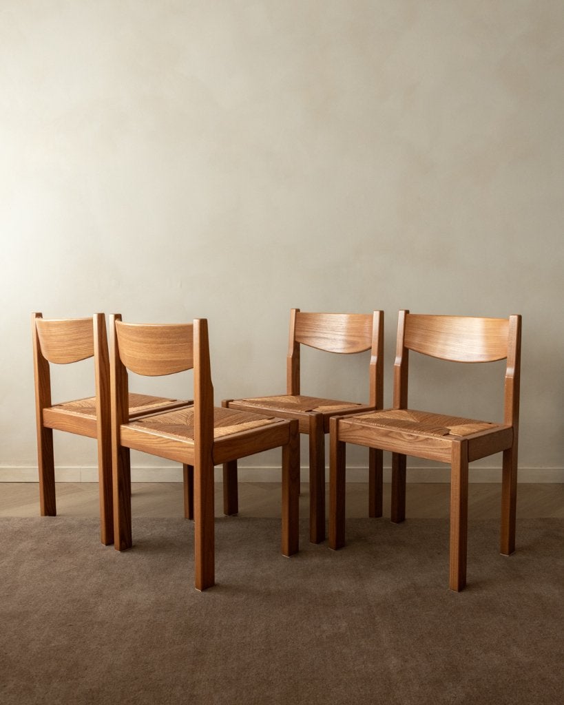 Vintage Biezen en Houten Eetkamerstoelen Maison Regain 1970s, Ophalen, Gebruikt, Bruin, Vier