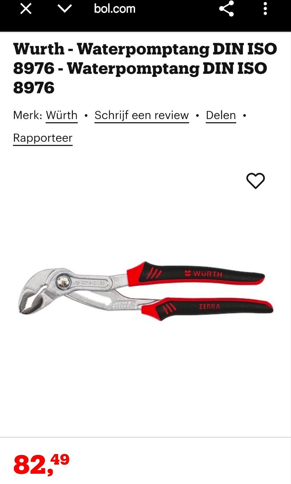 Wurth Waterpomptang DIN ISO 8976 - Nieuw, Ophalen of Verzenden, Nieuw, Gereedschapsset, Overige merken