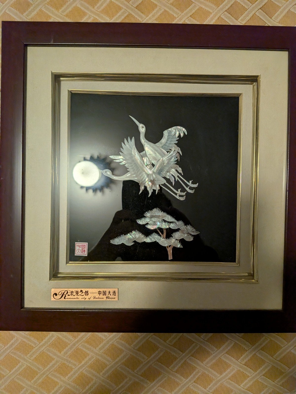 Ingelijste Chinese kunst: Kraanvogels en maan, Wanddecoratie, Natuurlijk materiaal, Ophalen of Verzenden, China