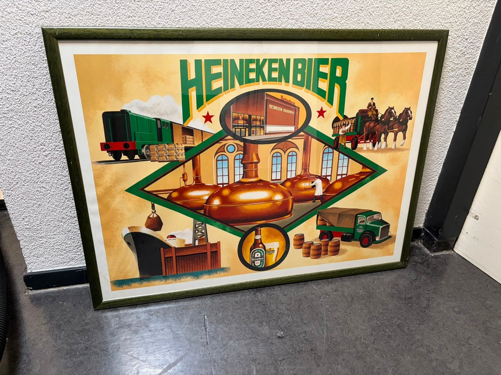 Vintage Heineken Bier Reclame Poster in Lijst, Verzamelen, Ophalen, Gebruikt, Reclamebord