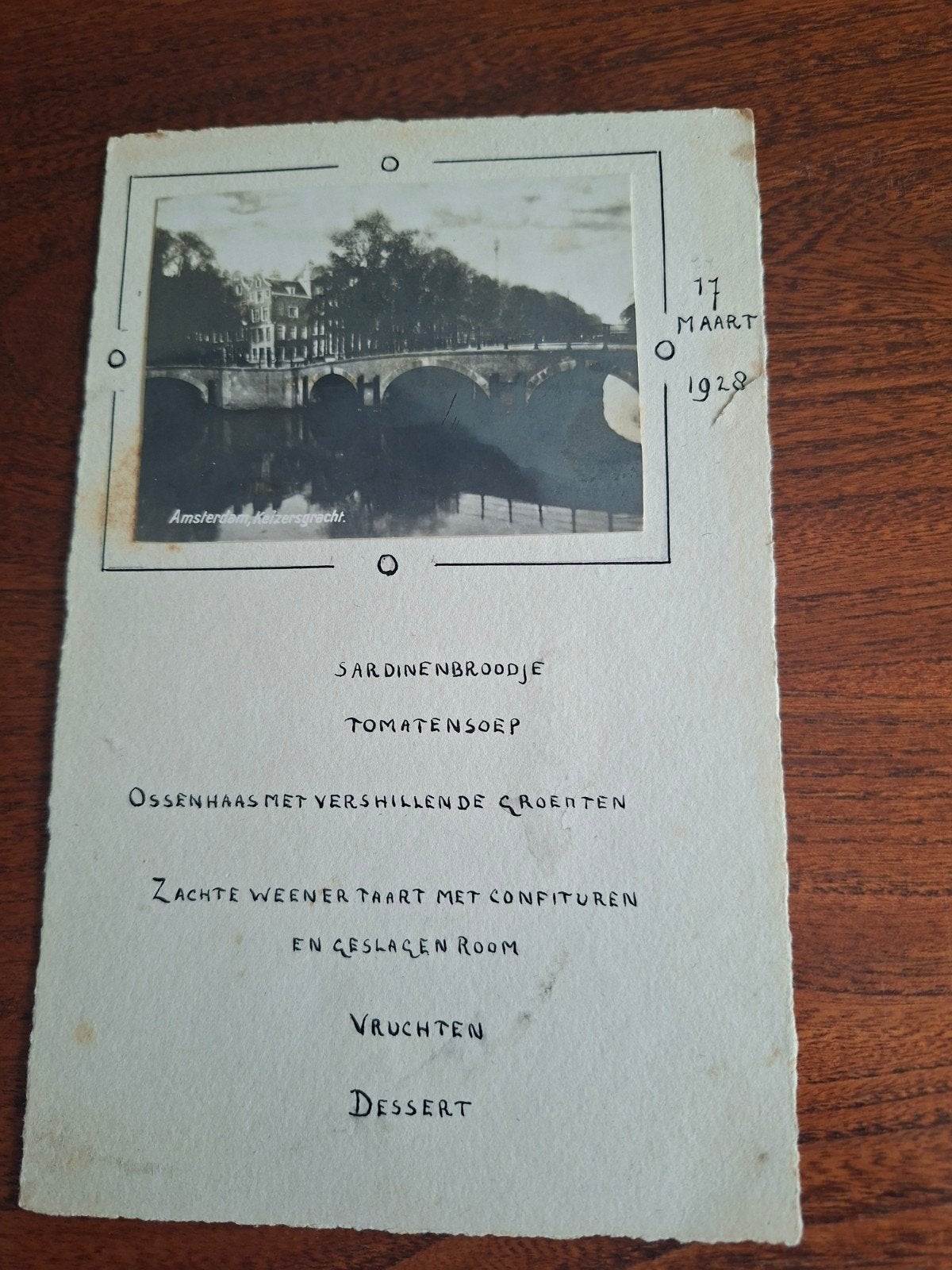 Amsterdam foto menu kaart Keizersgracht 1928, Ophalen of Verzenden, Voor 1940
