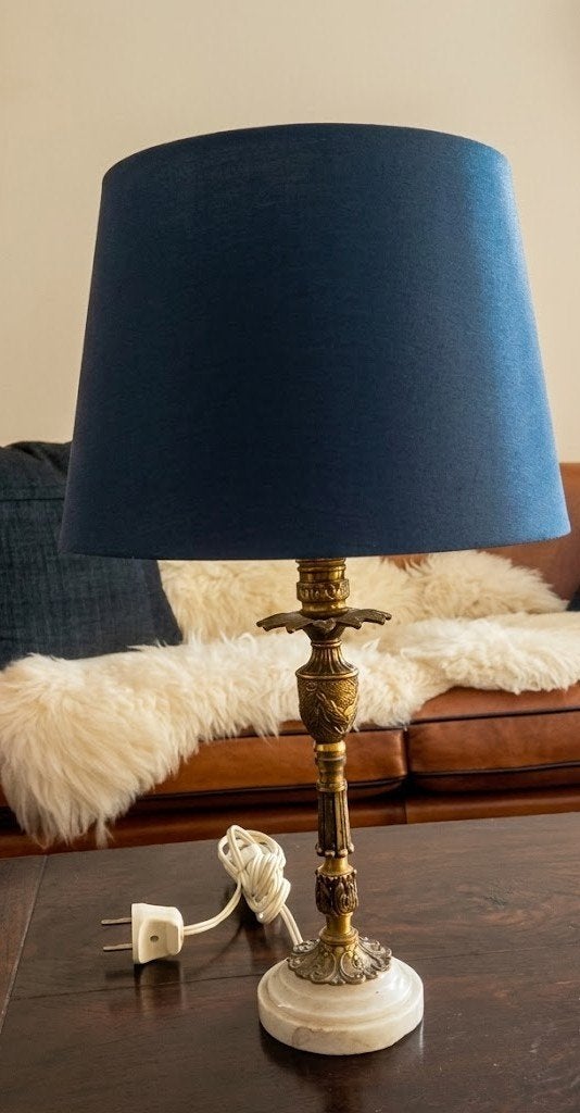 Vintage tafellamp met marmeren voet en blauwe kap, Ophalen of Verzenden