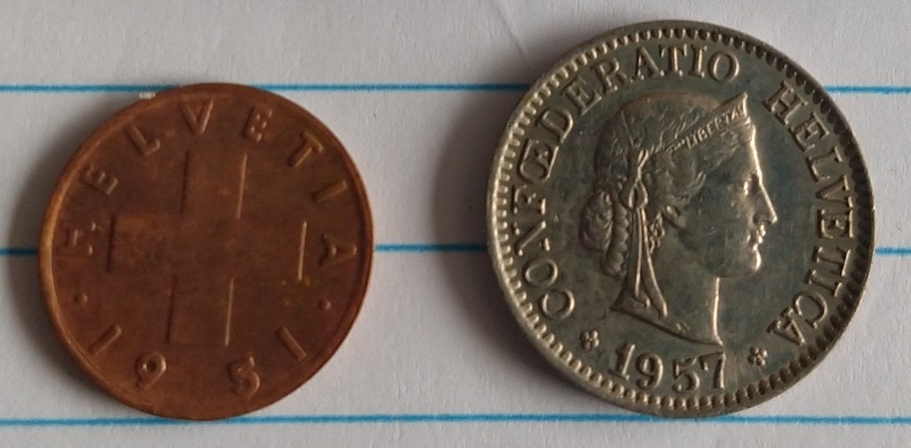 zwitserland munten uit 1951 en 1957,  volgnr 52, Ophalen of Verzenden, Overige landen, Losse munt