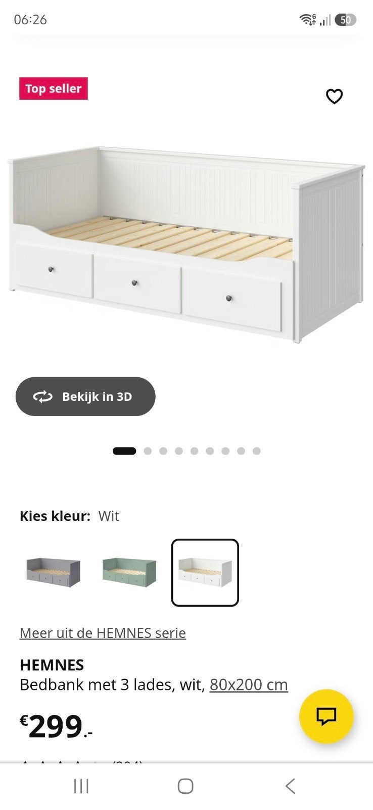 IKEA HEMNES Bedbank met 3 lades, wit, 80x200 cm, Ophalen, Gebruikt, Eenpersoons, Modern, Scandinavisch