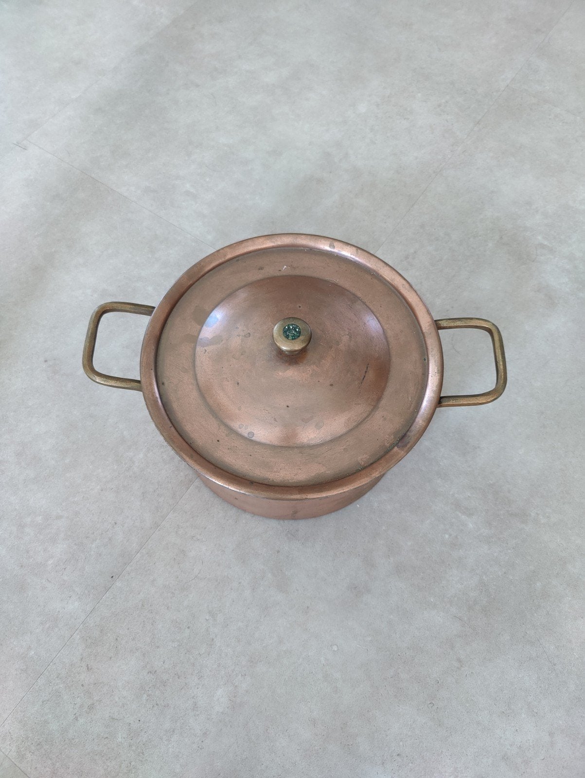 Grote zware koperen kookpot met deksel – 22 cm (Brocante, Ophalen of Verzenden
