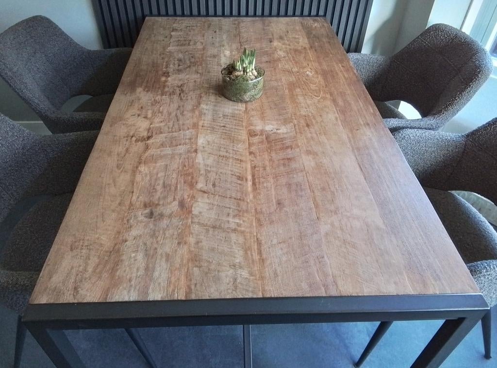 Eettafel 160x90, hout met stalen frame, Ophalen, Gebruikt, 50 tot 100 cm, 150 tot 200 cm