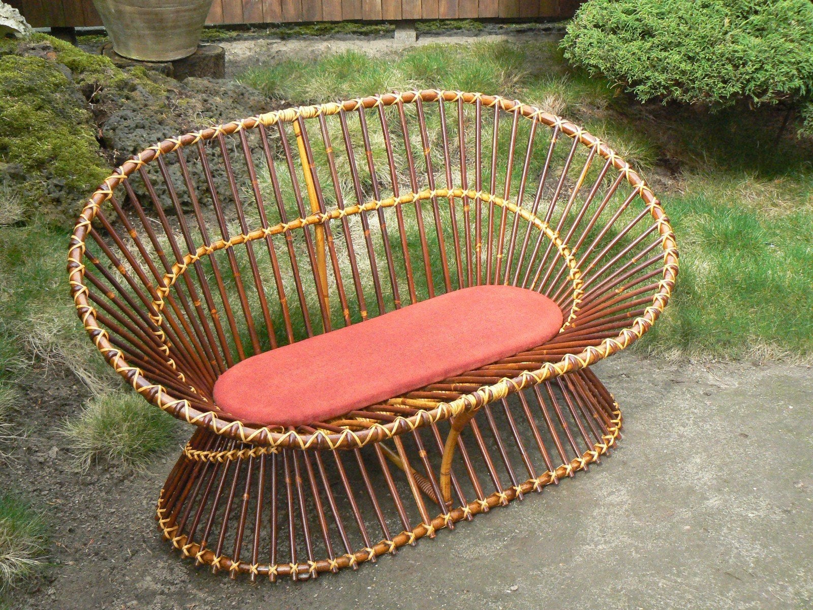 Zeer Zeldzaam Decoratief Vintage Rotan Rohé 2-zits Bankje, Ophalen, 75 tot 100 cm, Tweepersoons, 150 tot 200 cm