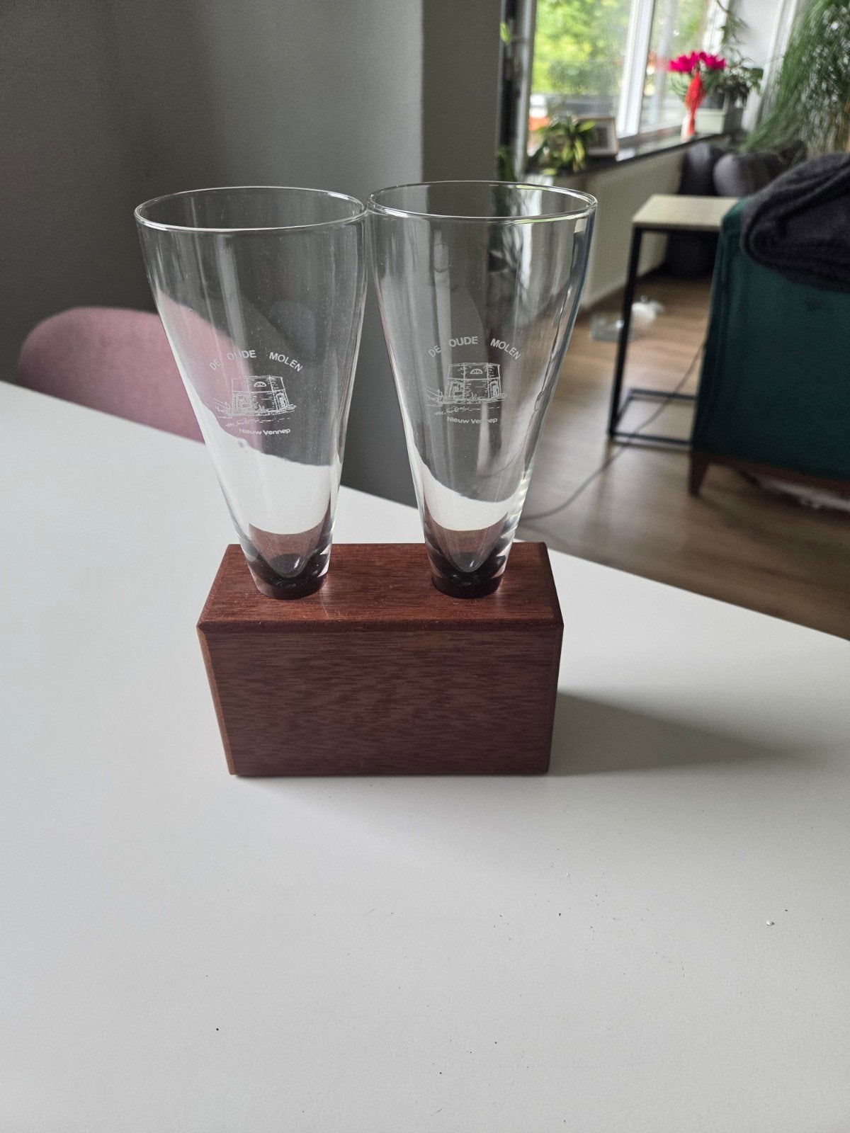 Bierglazen De Oude Molen Nieuw Vennep met houten houder, Ophalen of Verzenden