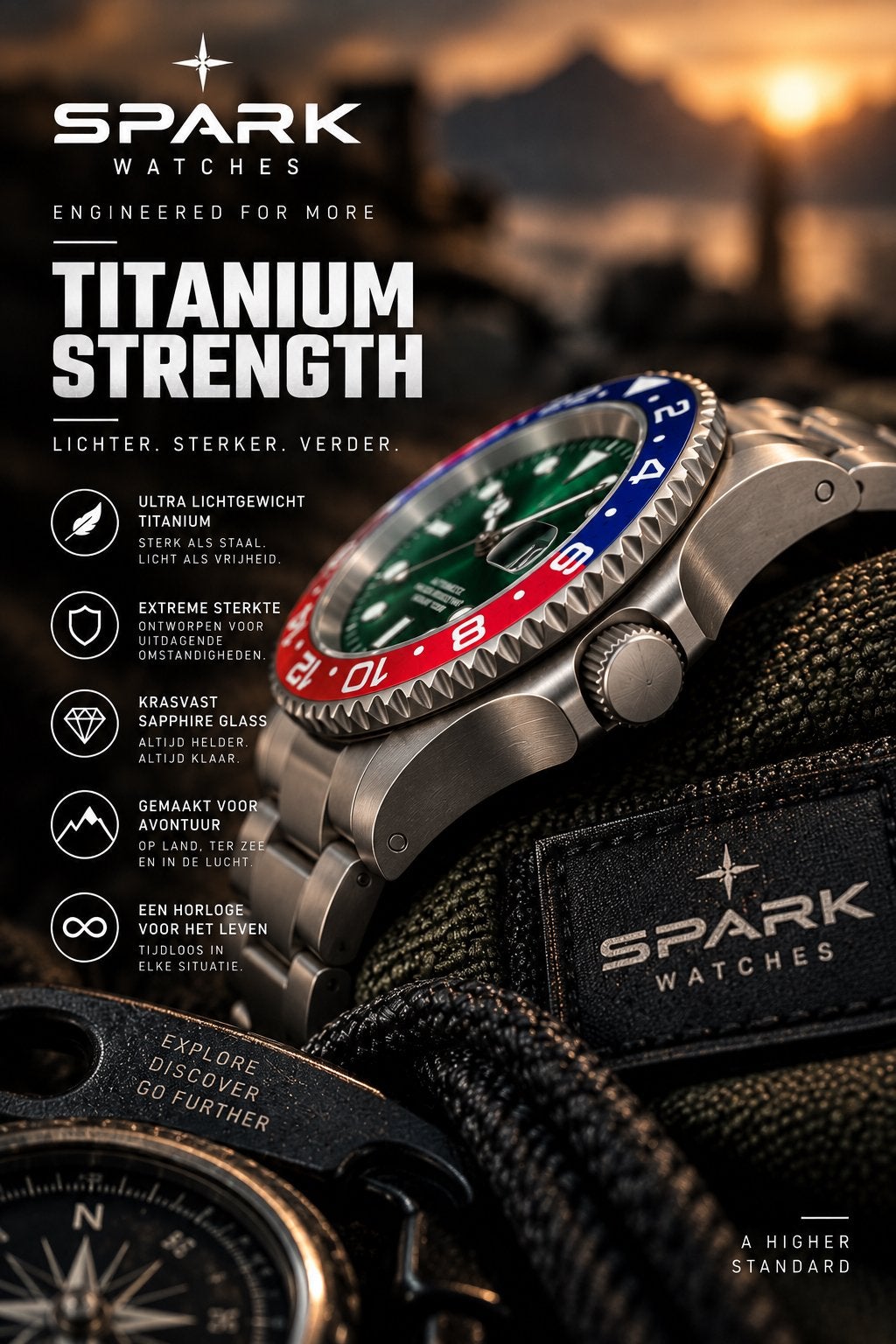 Spark Watches Titanium Horloge - Groene Wijzerplaat, Overige merken, Overige materialen, Polshorloge, Overige materialen