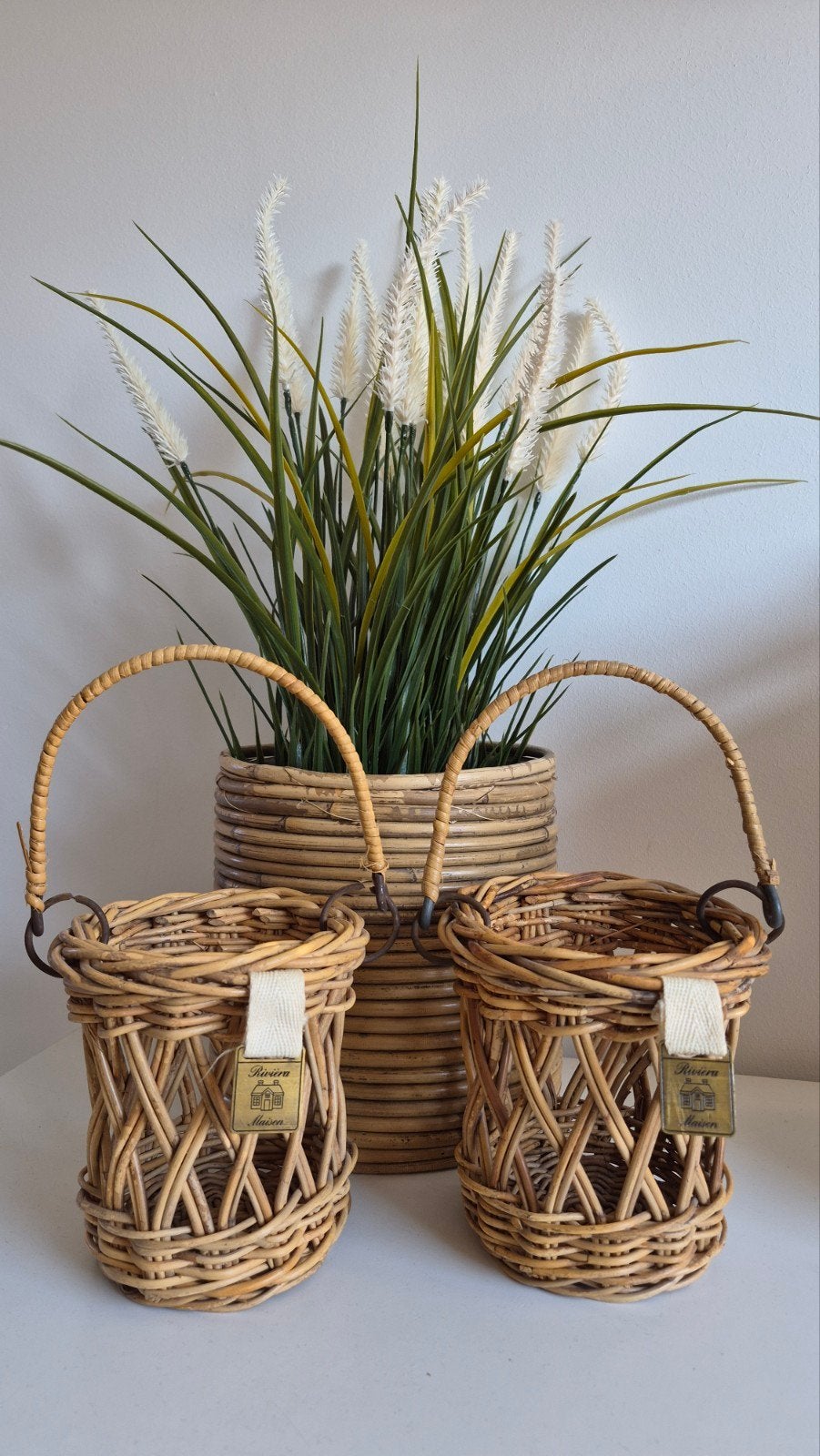 Set van 2 Rivièra Maison Rustic Rattan windlichten, Huis en Inrichting, Ophalen of Verzenden, Zo goed als nieuw, Rond, Riet