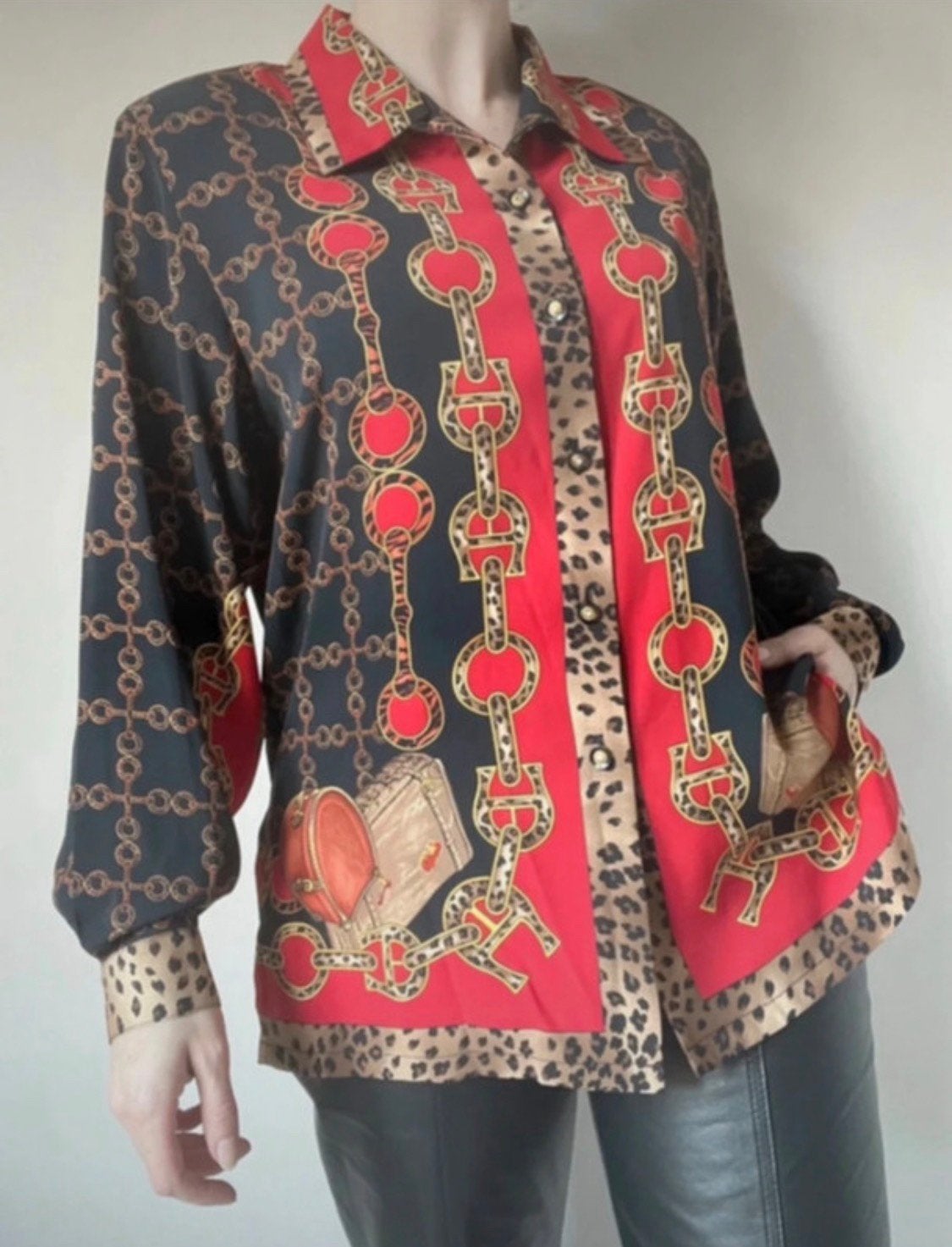 Vintage dierenprint chain blouse,M/L. Boho bohemian 90s goud, Maat 38/40 (M), Overige kleuren, Verzenden, Vintage