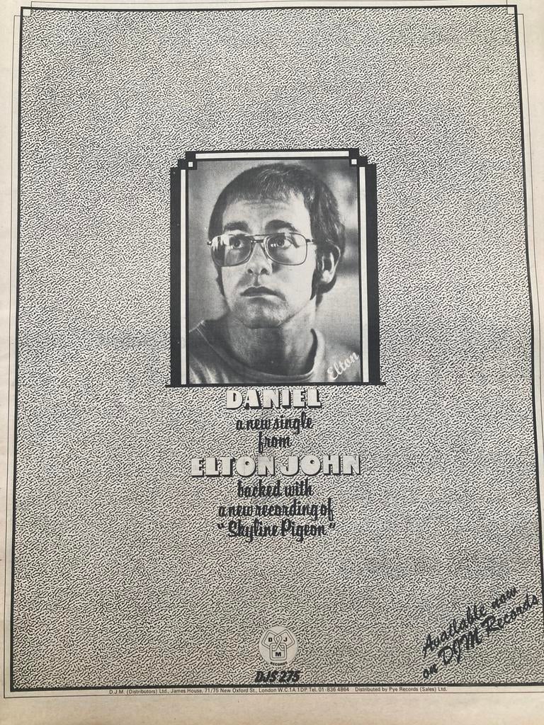 Paginagrote A3 advertentie ELTON JOHN Daniël, Ophalen of Verzenden, Gebruikt, A1 t/m A3