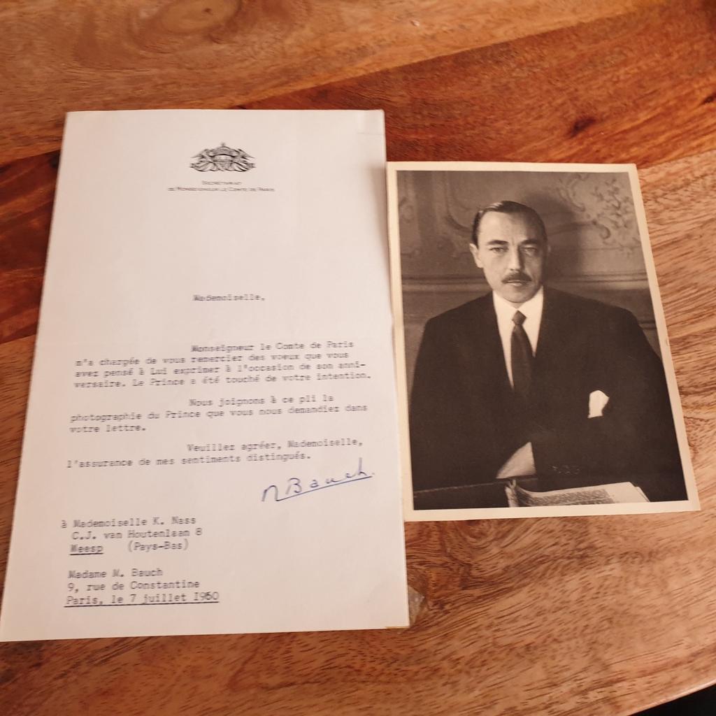 Bedankbrief verjaardag Henri graaf van Paris, Ophalen of Verzenden, Zo goed als nieuw, Kaart, Foto of Prent
