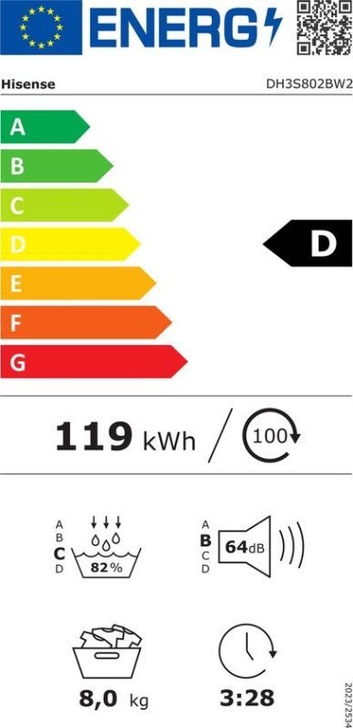 Hisense warmtepompdroger DH3S802BW2 - 3S Serie, 8 tot 10 kg, Nieuw, Hisense Nederland, Voorlader