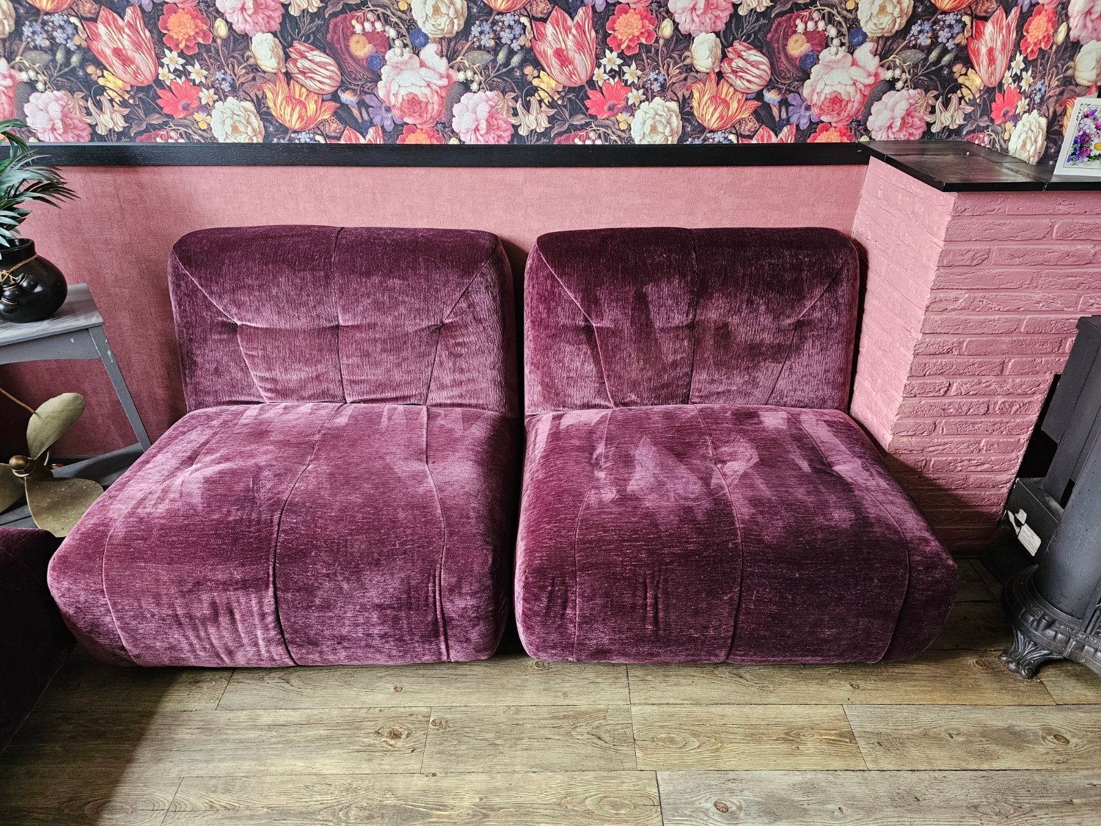 2x Mooie paarse velvet bank , bankelement, stoel dutch bone, Ophalen, Gebruikt, 75 tot 100 cm, Rechte bank
