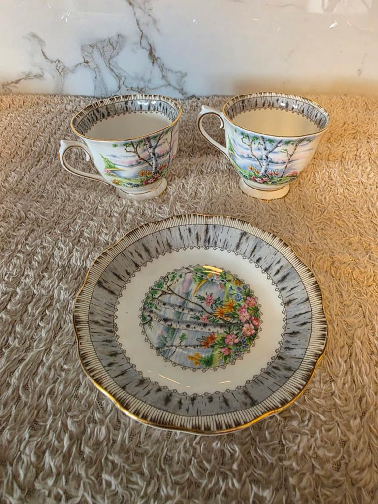 Royal Albert Silver Birch kopjes met schotel, Verzamelen, Porselein, Kristal en Bestek, Ophalen of Verzenden, Zo goed als nieuw