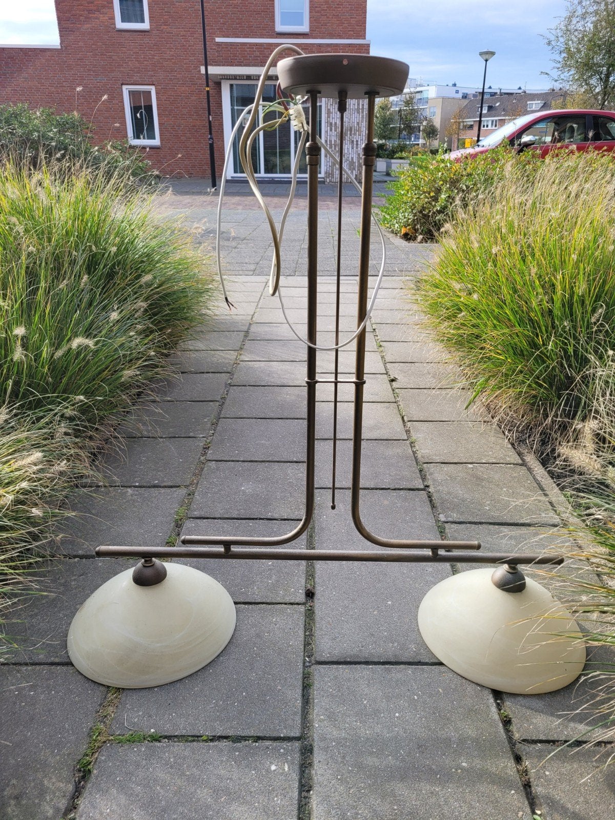 Vintage hanglamp met twee glazen kappen, Ophalen, Gebruikt, Vintage, Retro, Glas