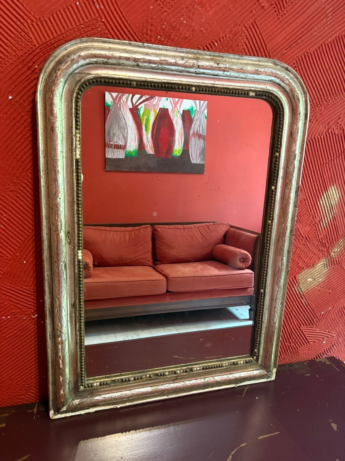 Prachtige vintage wandspiegel in zilverkleurige lijst, Antiek en Kunst, Ophalen, Rechthoekig, Minder dan 50 cm