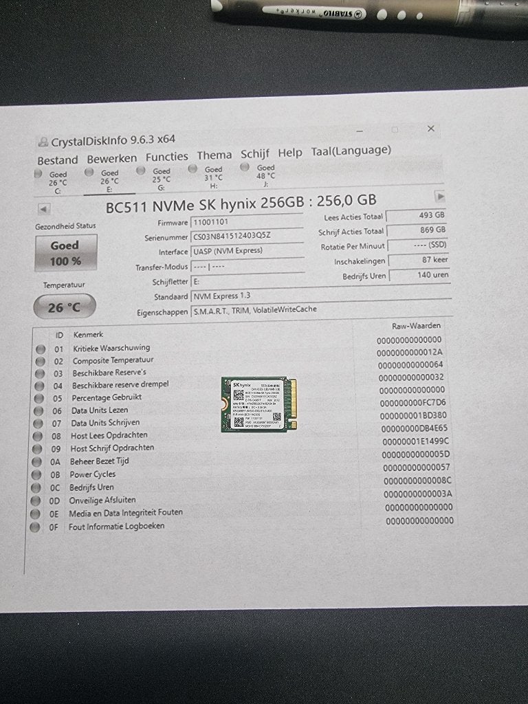 SSD 256GB M.2 NVMe 2230 Sk-Hynix BC511 met test rapport, Computers en Software, Harde schijven, SK hynix, SSD, Ophalen of Verzenden