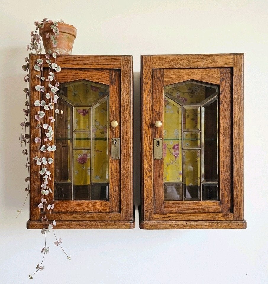 🌿 2 antieke eiken Art Deco wandkastjes vintage hangkastjes, Ophalen of Verzenden