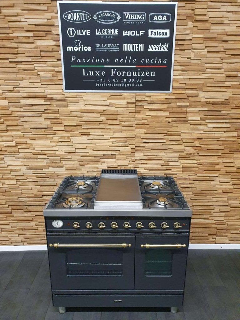 Boretti gasfornuis 90cm antraciet + messing 2 ovens Frytop, Witgoed en Apparatuur, Niet ingevuld, 60 cm of meer, Niet ingevuld