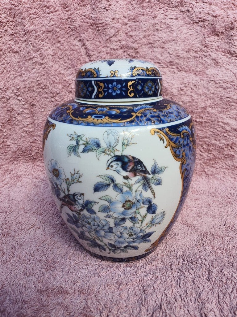 Vintage keramieken gemberpot, blauw vogels goud, japan, Ophalen of Verzenden