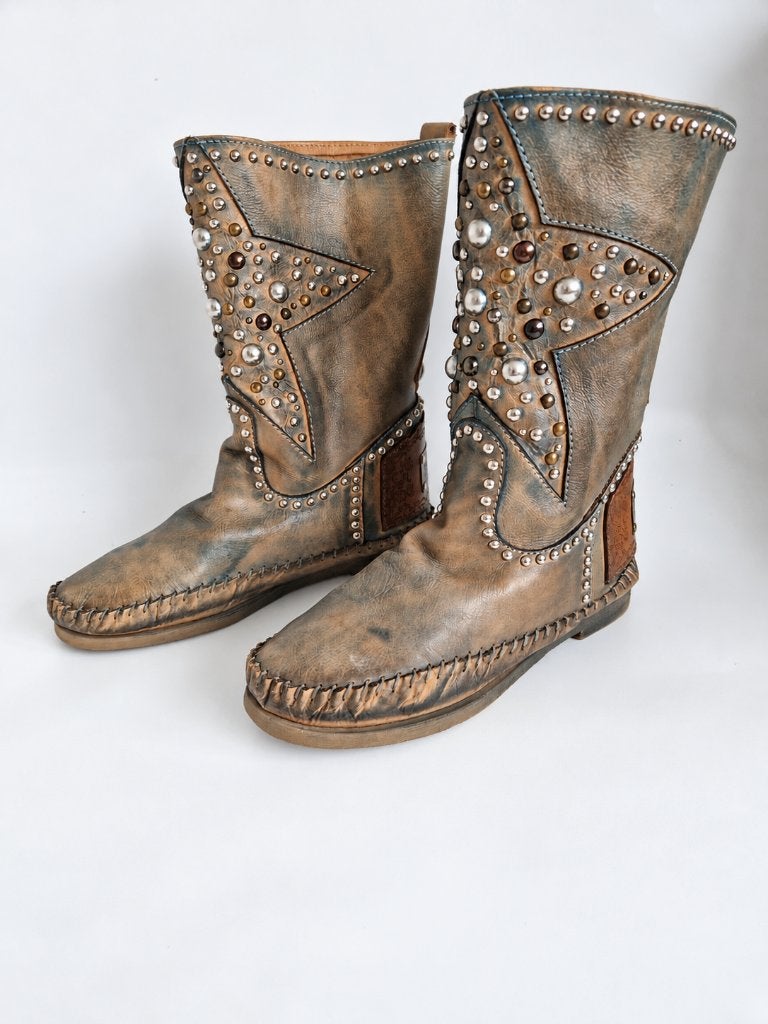 Karma of Charme leren laarzen | Maat 38 | Groen/studs |, Kleding | Dames, Nijmegen, Ophalen of Verzenden, Zo goed als nieuw, Info@verhip-vintage.nl
