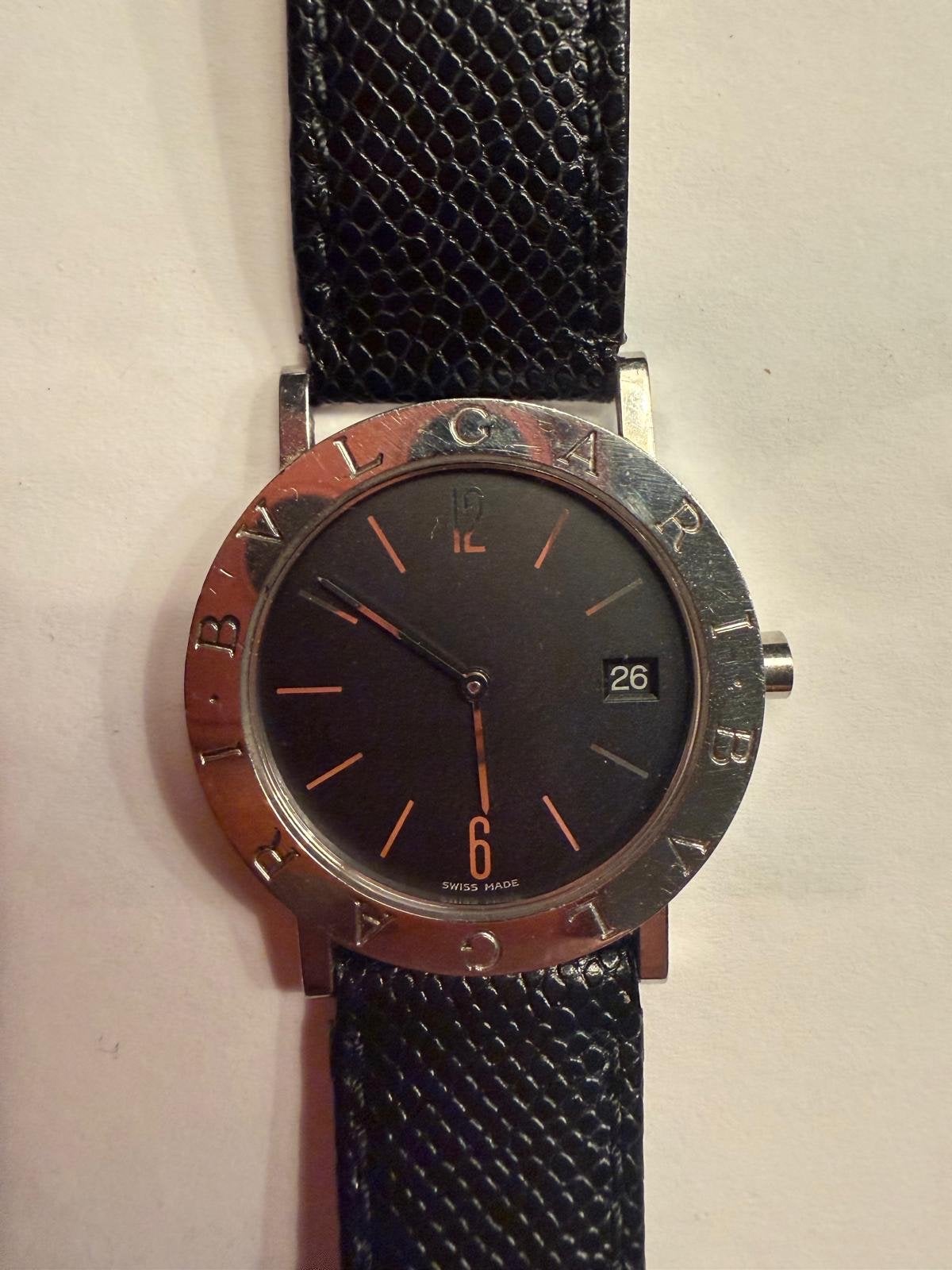 Bvlgari Quartz Horloge - Zwart Leer & Staal - Swiss Made, Overige merken, Staal, Polshorloge, Ophalen of Verzenden