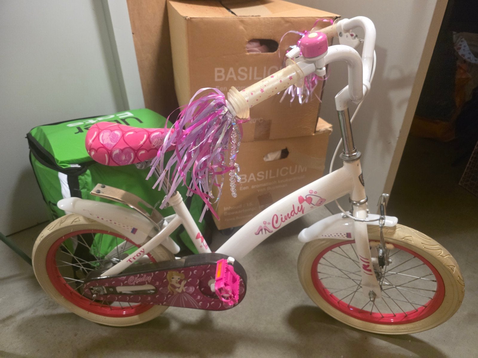 Kinderfiets Troy Cindy - Wit/Roze (16 inch), Fietsen en Brommers, Ophalen, Terugtraprem, Troy, 16 tot 20 inch