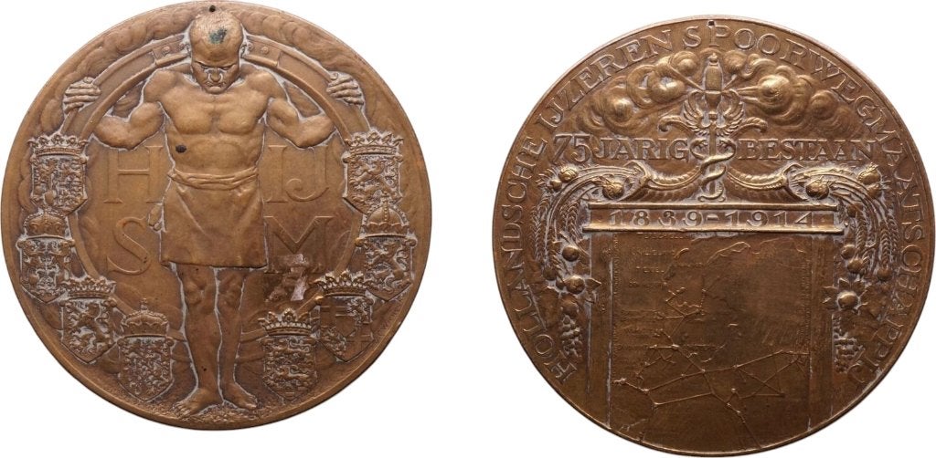 HIJSM spoorwegpenning 1914, Nederland (75 jaar), Verzenden, Koningin Wilhelmina, Losse munt