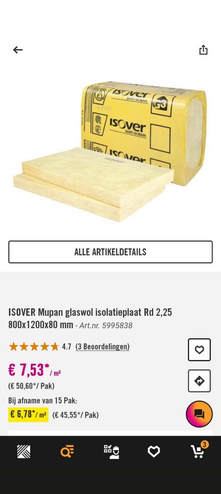 3 platen ISOVER Mupan glaswol isolatie 1200x800x80mm, Ophalen, Nieuw, Glaswol, 8 tot 12 cm