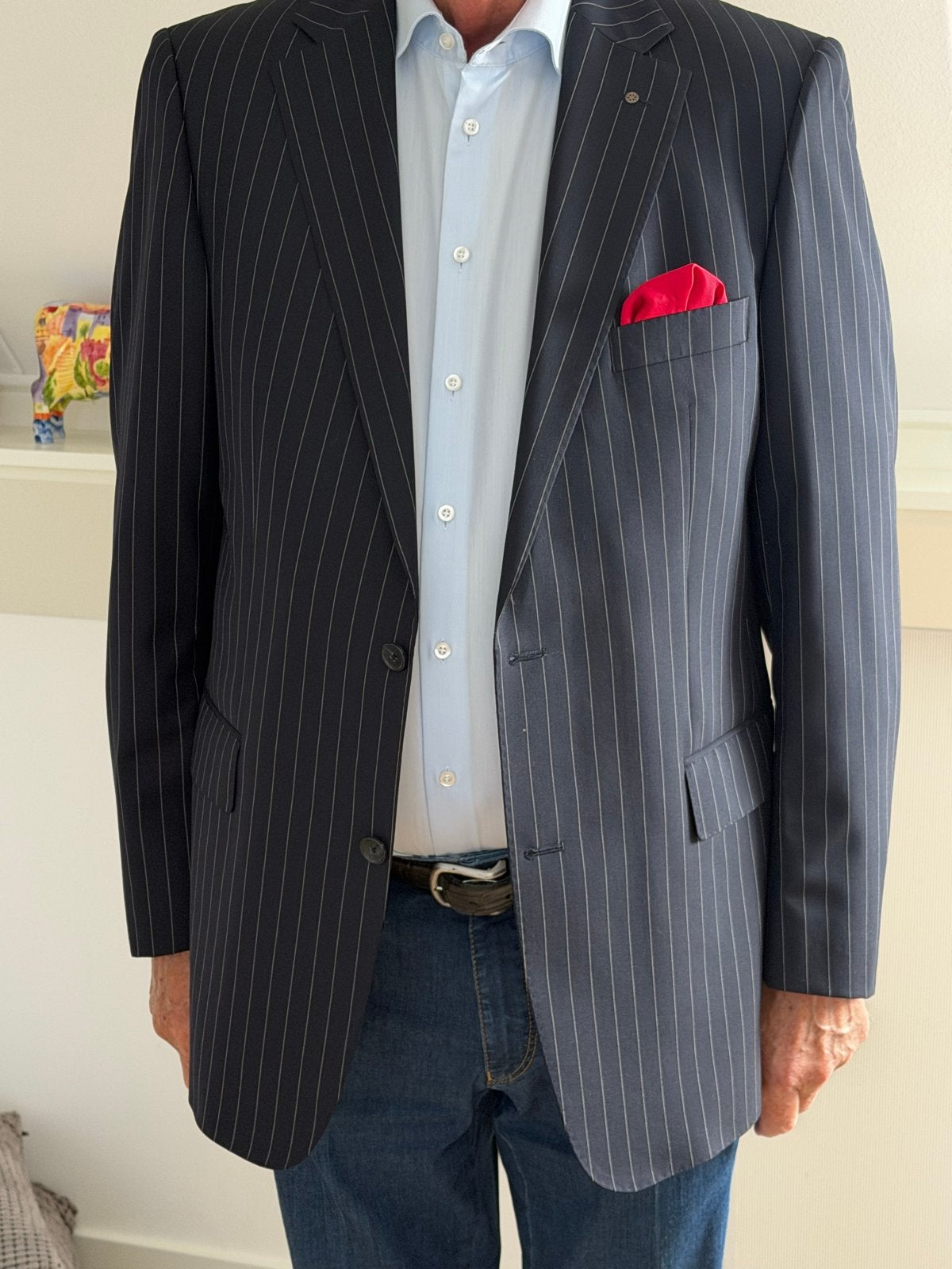 Eduard Dressler Super 120 gestreept kostuum in marine blauw, Ophalen of Verzenden, Zo goed als nieuw, Maat 52/54 (L), Blauw
