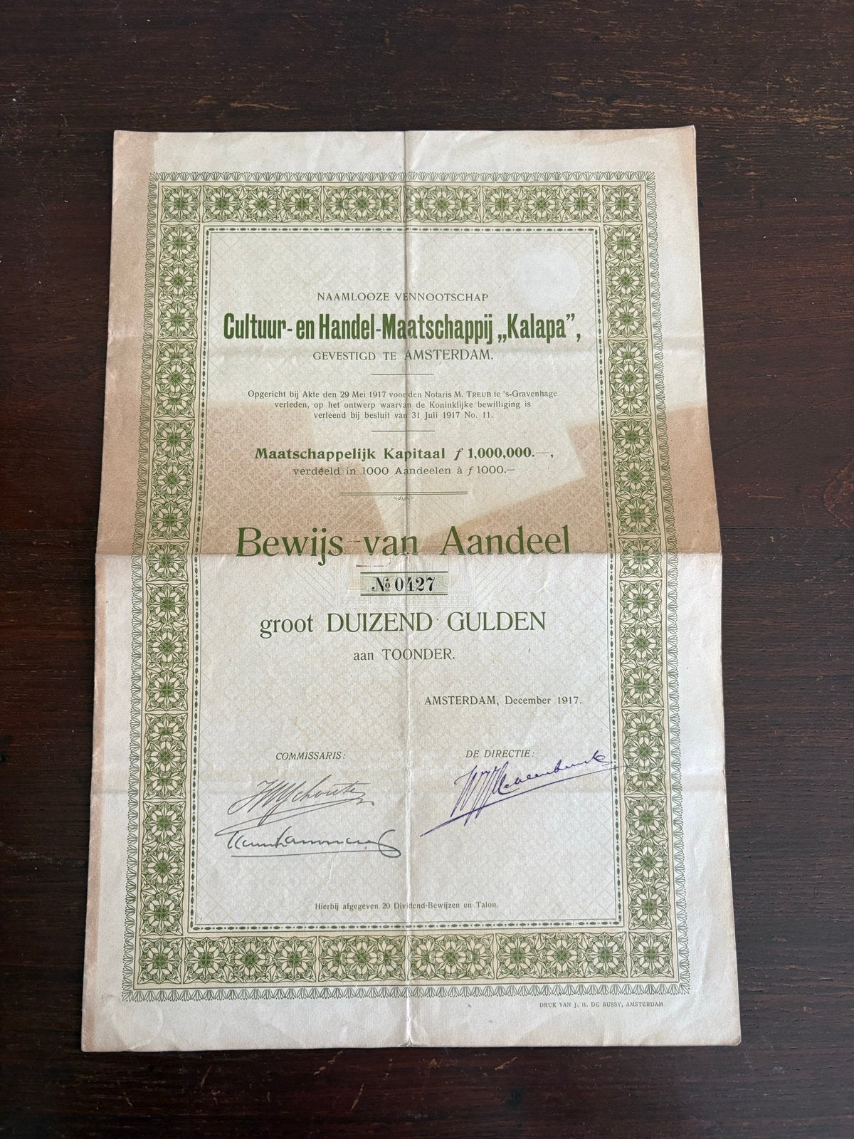 Aandeel Cultuur- en Handel-no Maatschappij "Kalapa" 1917, Ophalen of Verzenden, Voor 1920, Aandeel