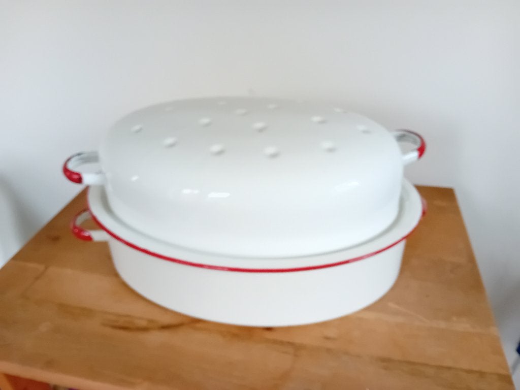Ovalen emaille vintage braadslee, wit met rood randje, Ophalen