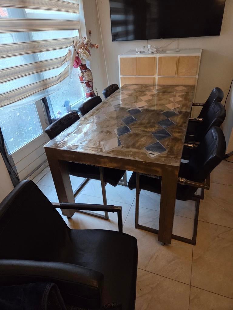 Eettafel met 8 stoelen, Gebruikt, 100 tot 150 cm, Overige materialen, Ophalen of Verzenden