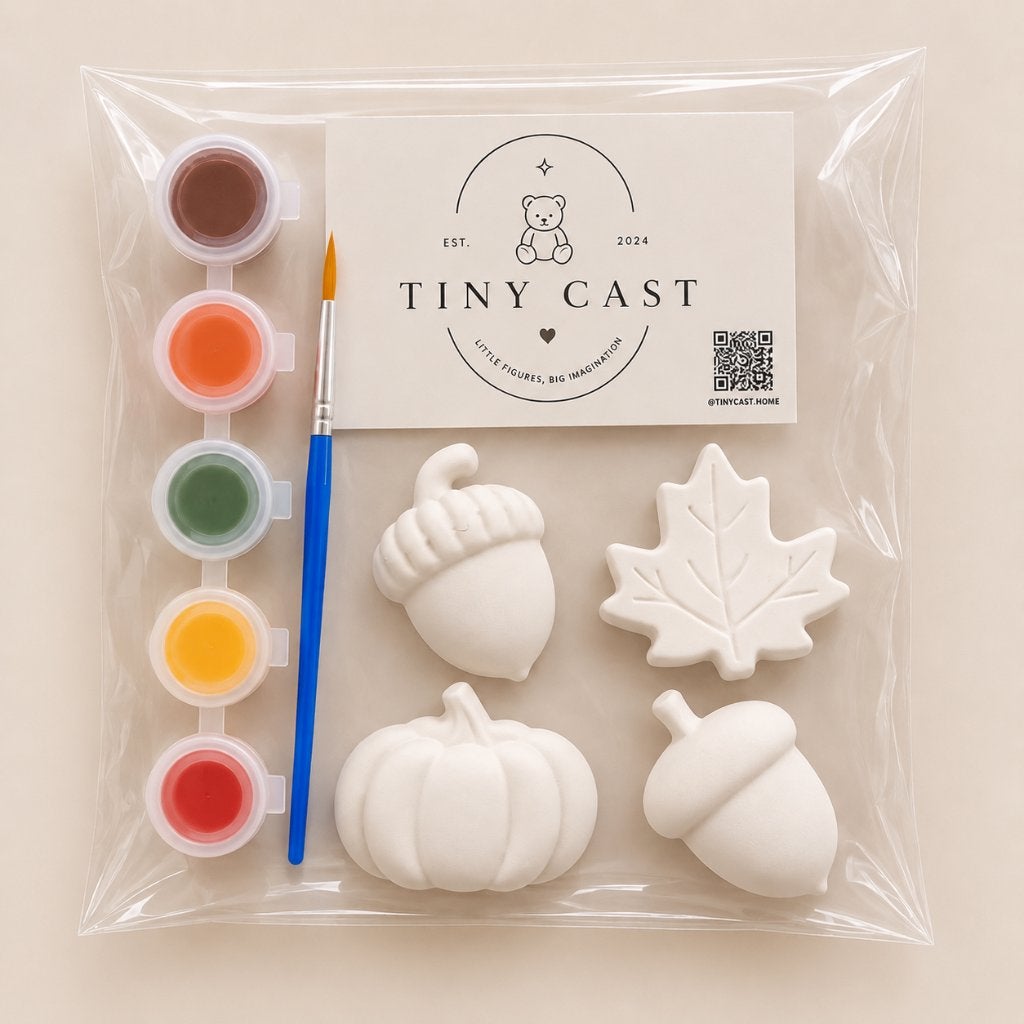 Tiny Cast Herfst DIY Schilderset –4 figuren met Verf & Kwast, Beschrijfbaar, Nieuw, Meerkleurig, Overige materialen