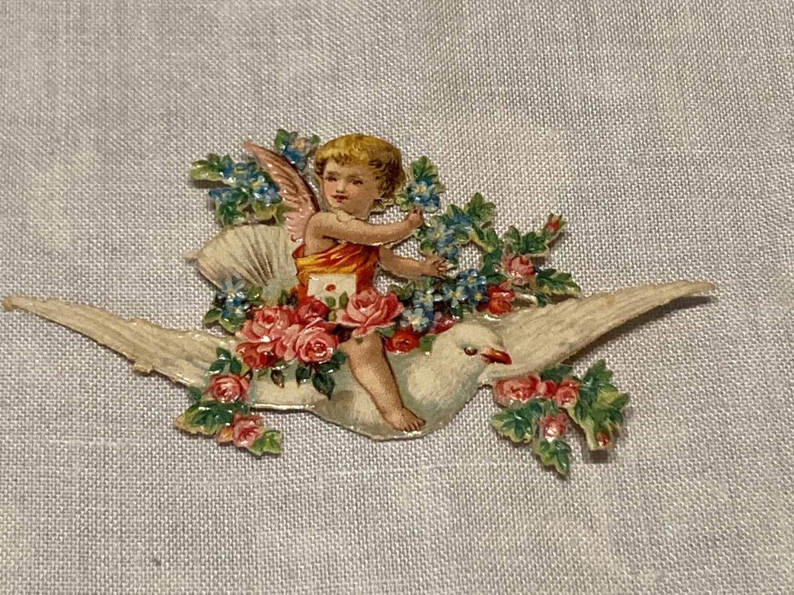 Antiek, poëzie plaatje, duif met engeltje(221026), Ophalen of Verzenden