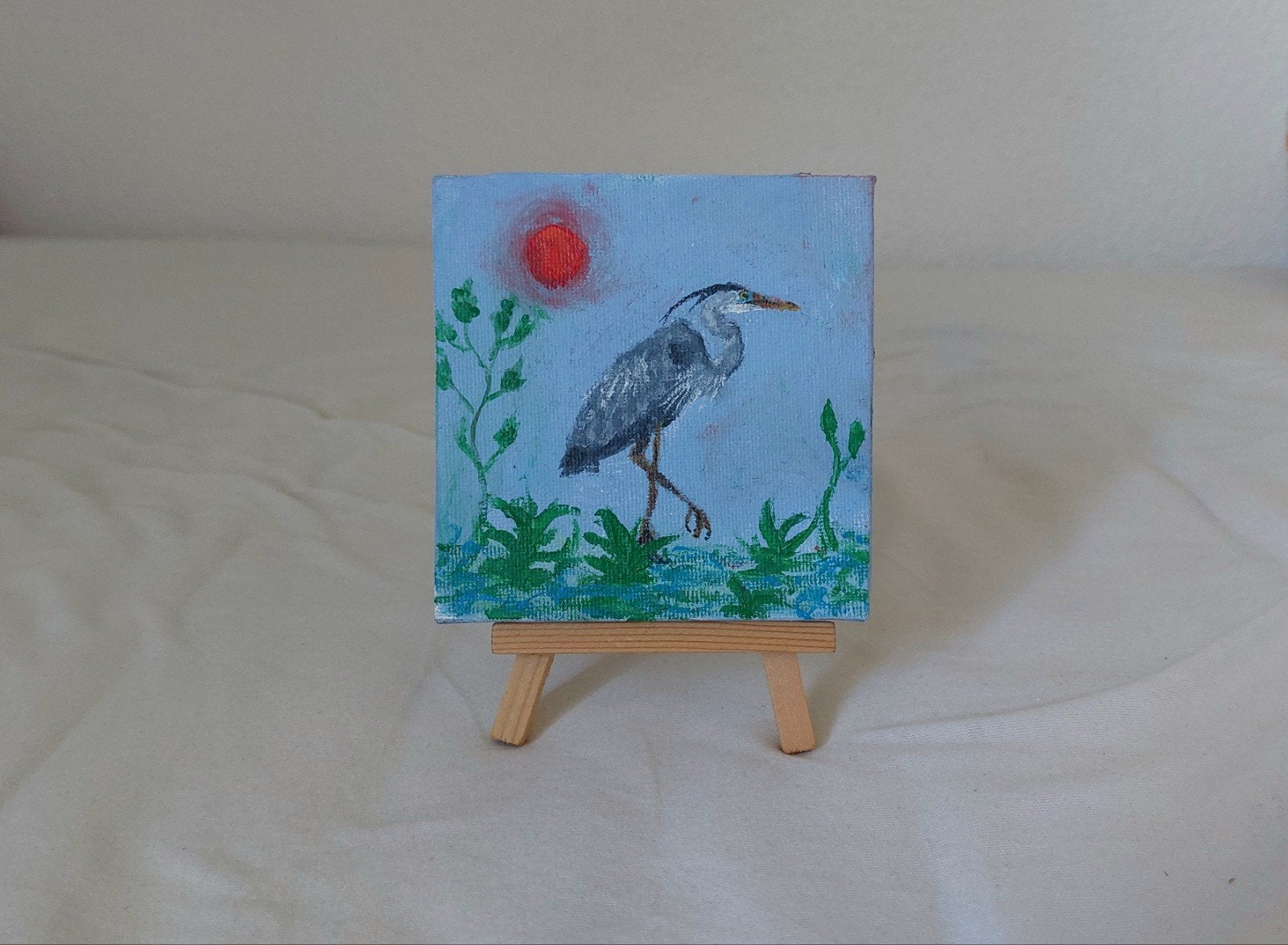 klein schilderijtje van een reiger, Ophalen of Verzenden