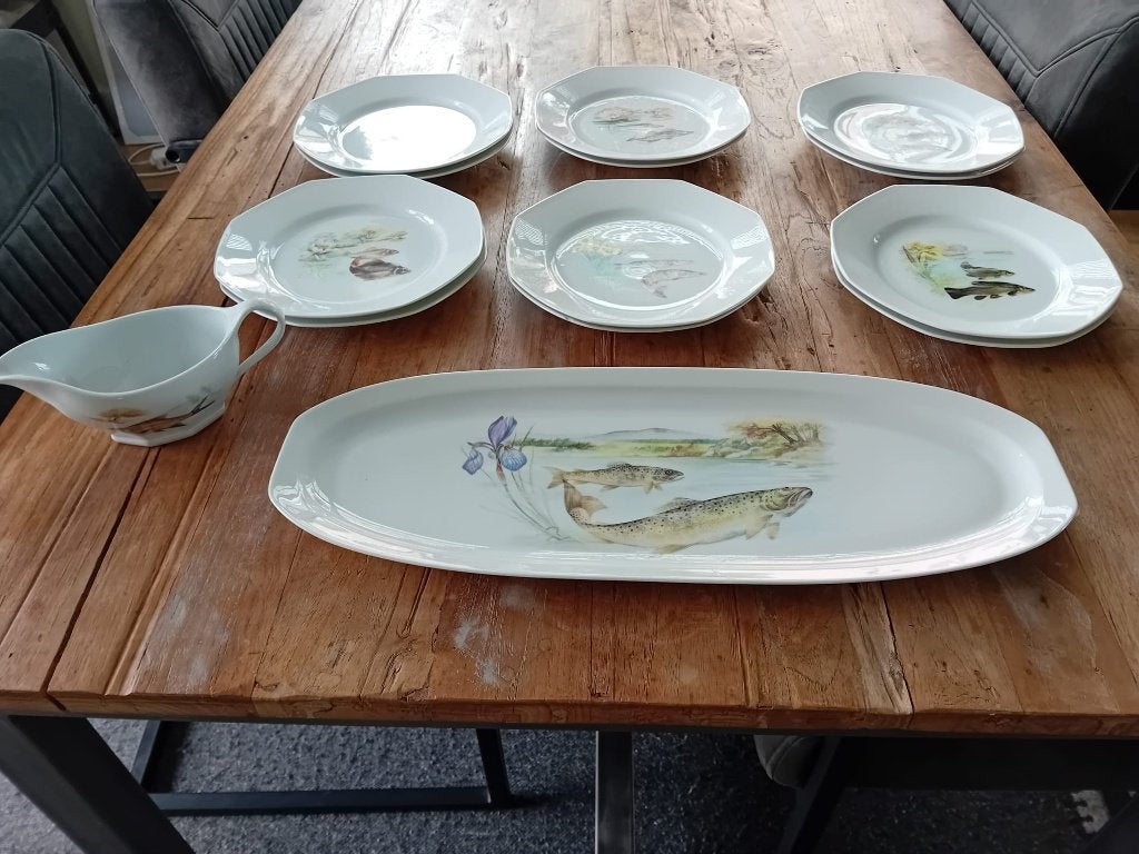 Visservies 14-delig, Limoges France, Porcelaine de Sologne, Antiek en Kunst, Antiek | Keramiek en Aardewerk, Ophalen of Verzenden