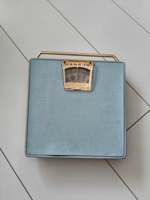 Vintage personenweegschaal lichtblauw Hanson, Huis en Inrichting, Vintage, Gebruikt, Blauw, Ophalen of Verzenden