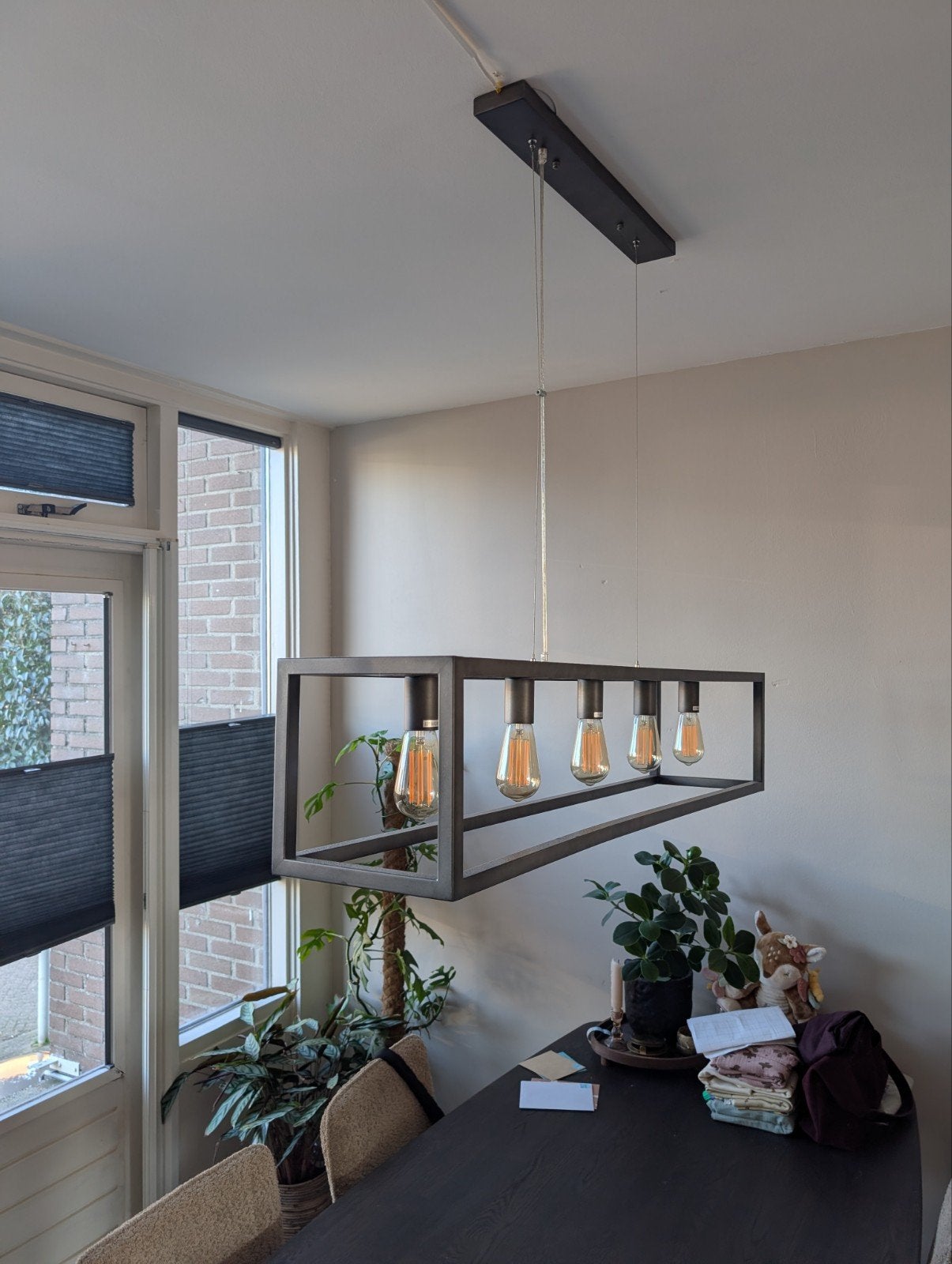 Industriële hanglamp met 5 fittingen, in hoogte verstelbaar, Ophalen, Gebruikt, E27 (groot), Metaal