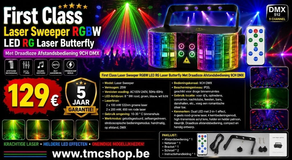 Nieuwe First Class Laser Sweeper RGBW LED RG Laser Butterfly, Ophalen of Verzenden, Nieuw, Complete set