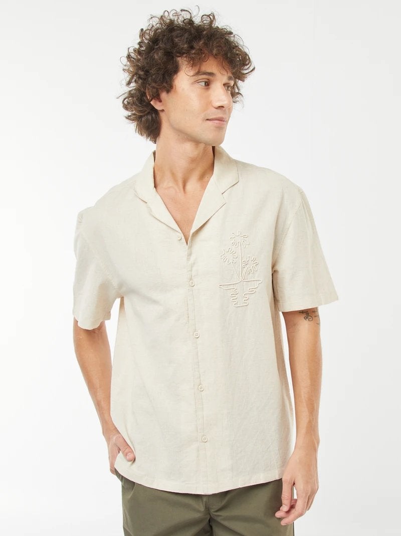 Kiabi Regular Fit overhemd met korte mouwen - Beige (S), Ophalen of Verzenden, Zo goed als nieuw, Beige, Halswijdte 38 (S) of kleiner