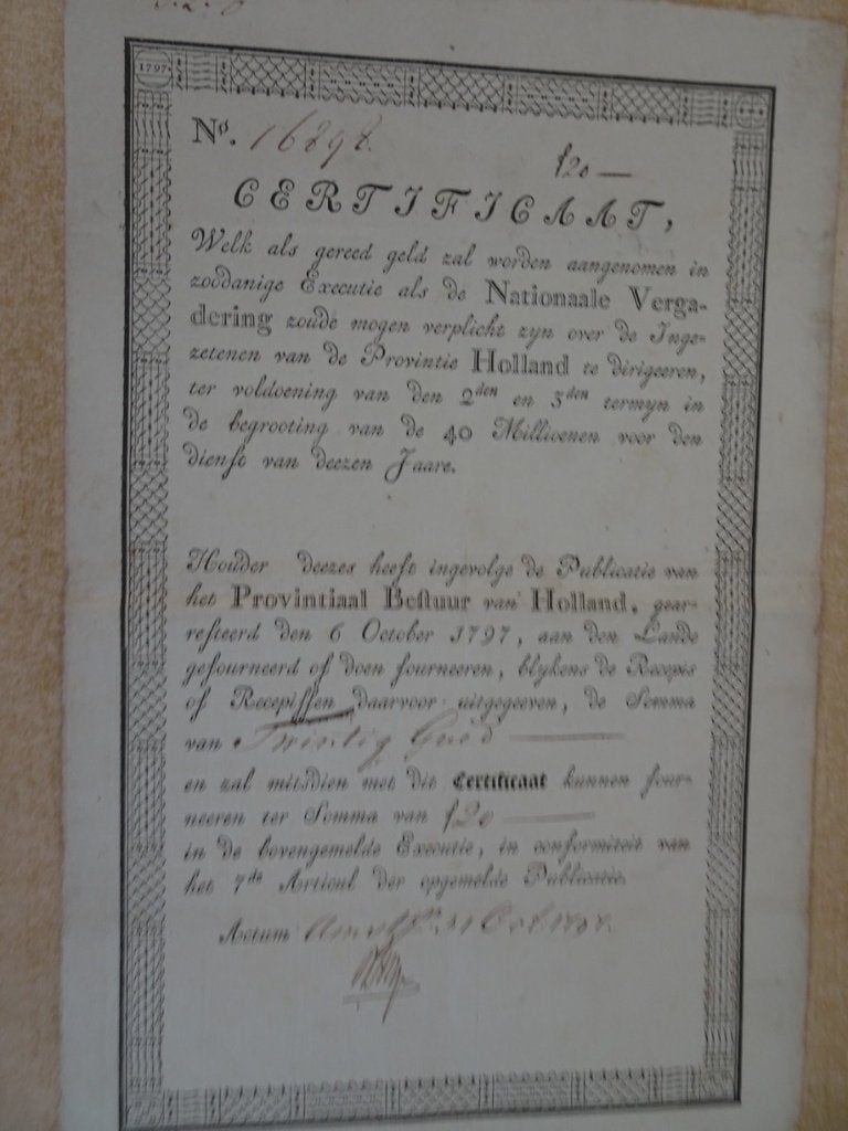 Certificaat 20 gulden "Provinciaal Bestuur van Holland" 1797, Ophalen of Verzenden, Voor 1920, Aandeel
