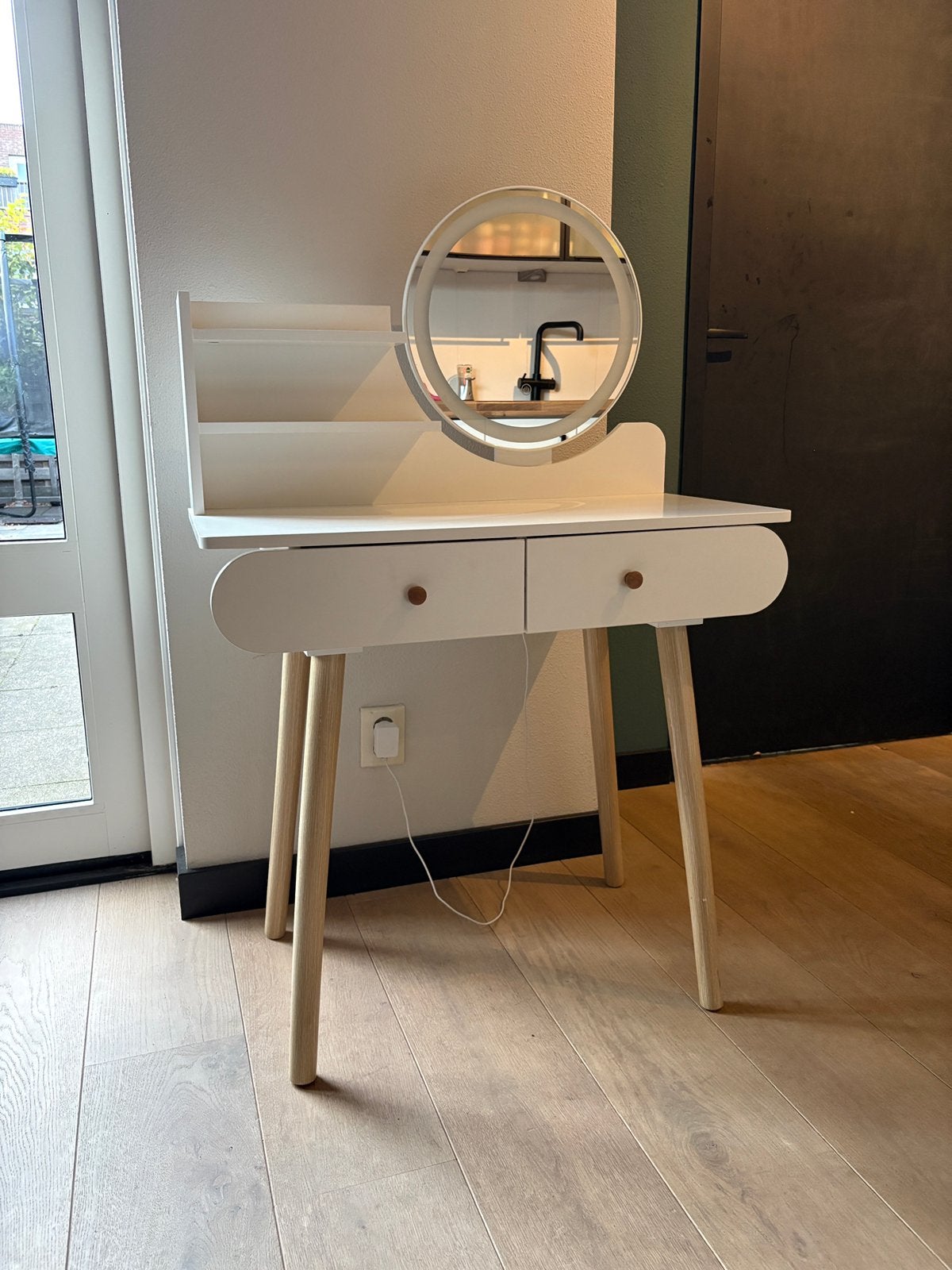 Witte kaptafel met verlichte spiegel en lades, Ophalen, 100 tot 150 cm, 50 tot 100 cm, Zo goed als nieuw
