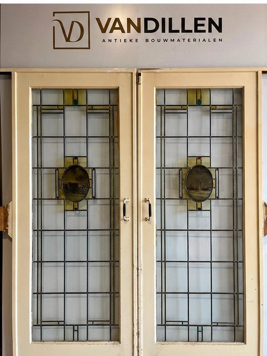 Antieke ensuite schuifdeuren glas in lood gebrandschilderd, Doe-het-zelf en Verbouw, Deuren en Horren, 120 cm of meer, Binnendeur
