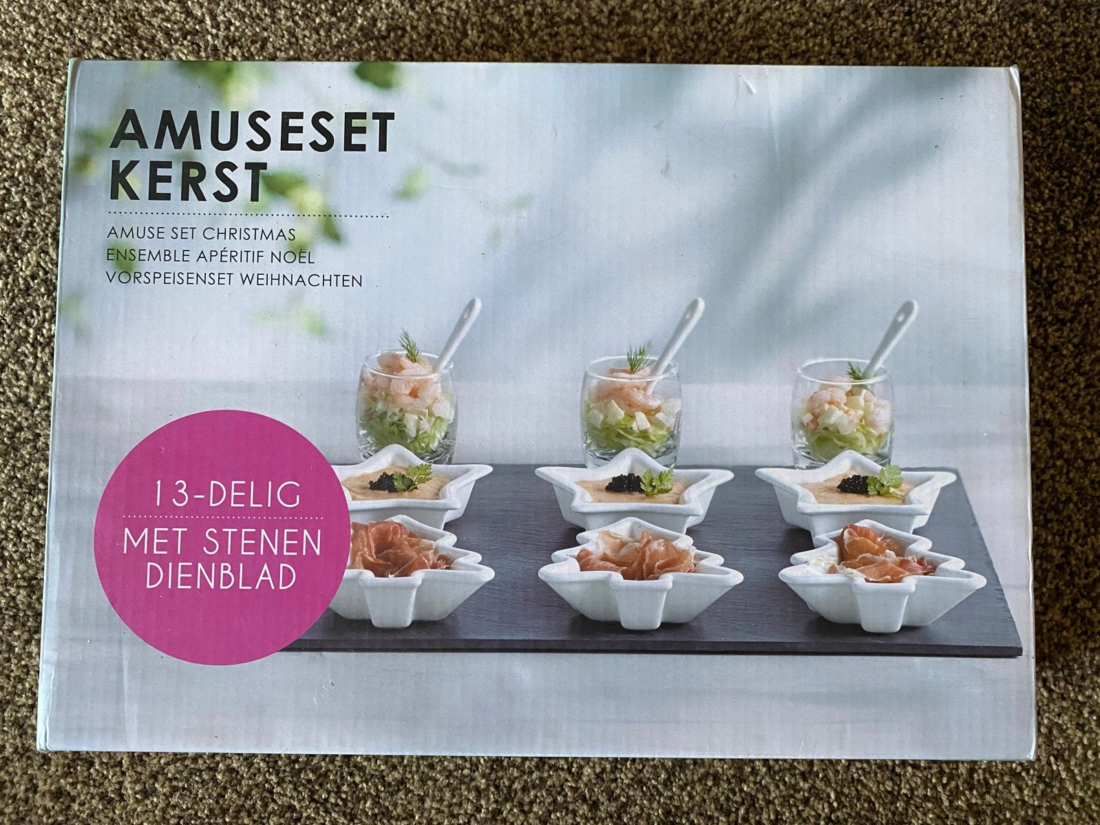 Amuseset Kerst 13-delig met stenen dienblad, Nieuw, Ophalen of Verzenden, Dienblad, Steen/keramiek