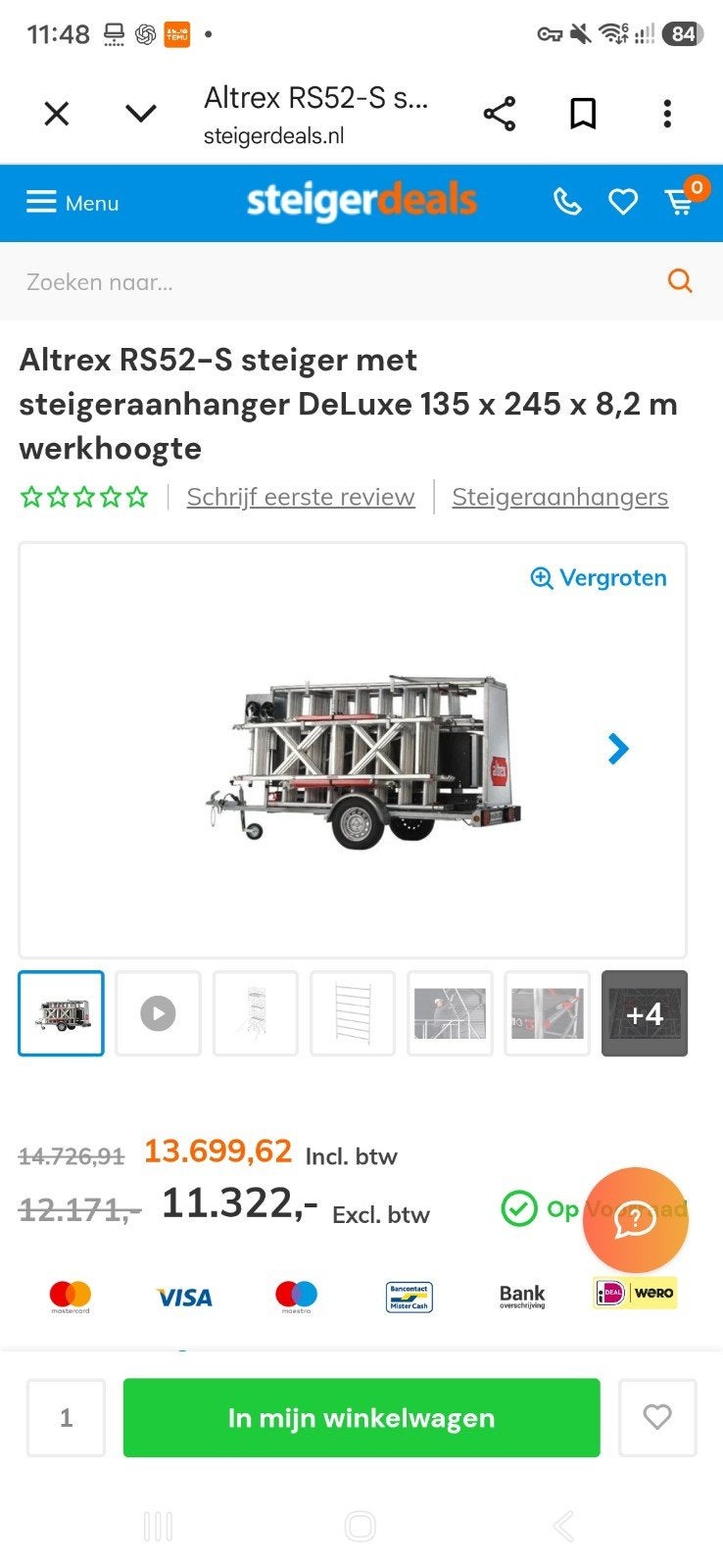 Altrex RS52-S steiger met DeLuxe aanhanger, 8,2m werkhoogte, Ophalen, Gebruikt, Rolsteiger of Kamersteiger, 5 meter of hoger