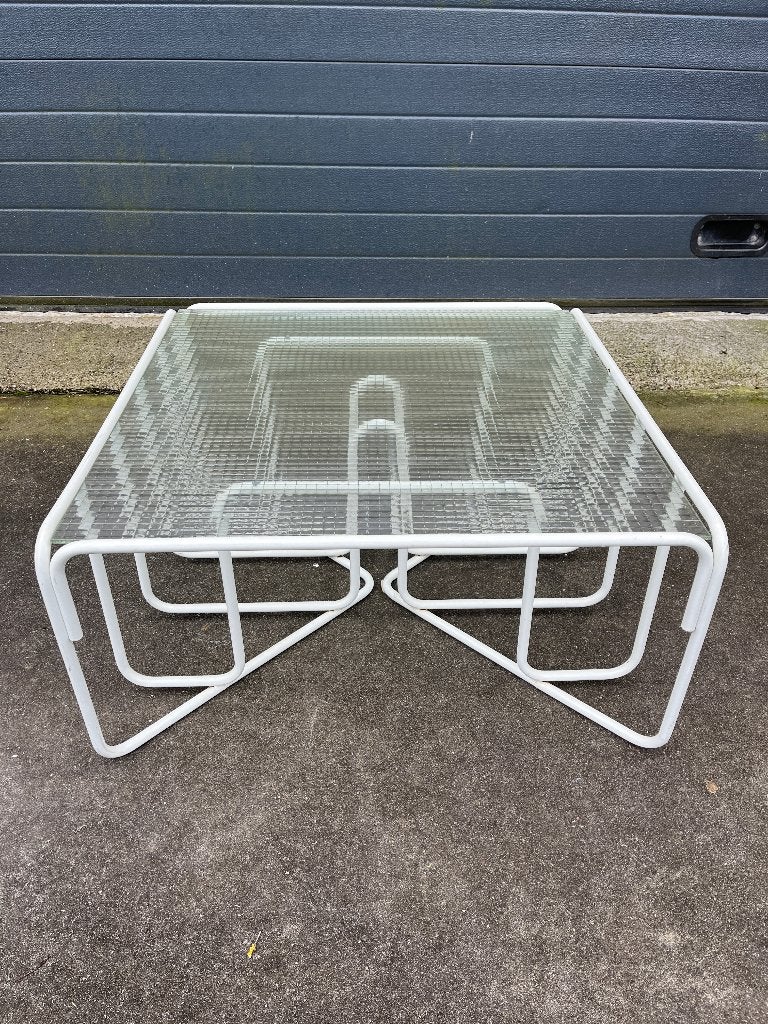 Jaren 80 90 post modern wit metalen buisframe en draadglas, Ophalen, Gebruikt, 50 tot 100 cm, Salontafel